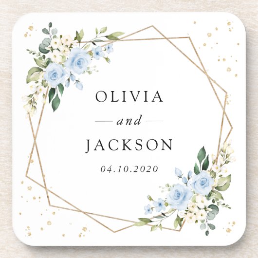 Blauwe bloemen, witte bloemen, groen, bruiloft bier onderzetter (Voorkant)