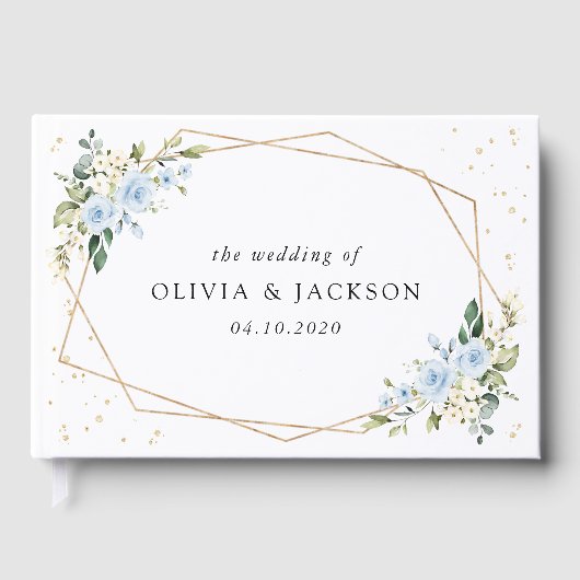 Blauwe bloemen, witte bloemen, groen, bruiloft gastenboek (Voorkant)