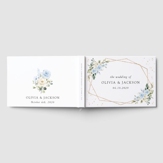 Blauwe bloemen, witte bloemen, groen, bruiloft gastenboek (Volledig)