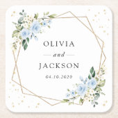 Blauwe bloemen, witte bloemen, groen, bruiloft kartonnen onderzetters (Voorkant)