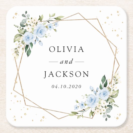 Blauwe bloemen, witte bloemen, groen, bruiloft kartonnen onderzetters (Voorkant)