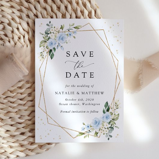 Blauwe bloemen, witte bloemen, groen, bruiloft save the date