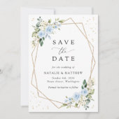 Blauwe bloemen, witte bloemen, groen, bruiloft save the date (Voorkant)