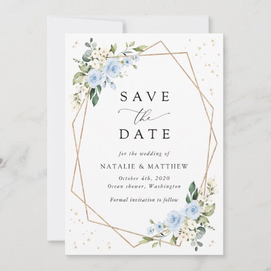 Blauwe bloemen, witte bloemen, groen, bruiloft save the date (Voorkant)