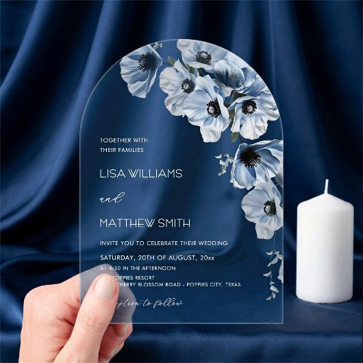 Blauwe Bloemen Witte Bruiloft Acryl Uitnodigingen