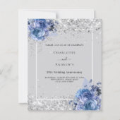 Blauwe bloemen zilver 25e verjaardag uitnodiging (Voorkant)