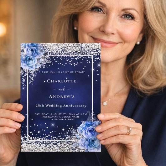 Blauwe bloemen zilver 25ste huwelijksuitnodiging