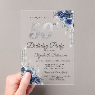 Blauwe Bloemen Zilveren Glitter Drips 50ste Verjaa Acryl Uitnodigingen