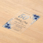 Blauwe Bloemen Zilveren Glitter Drips 50ste Verjaa Acryl Uitnodigingen (Laagn)