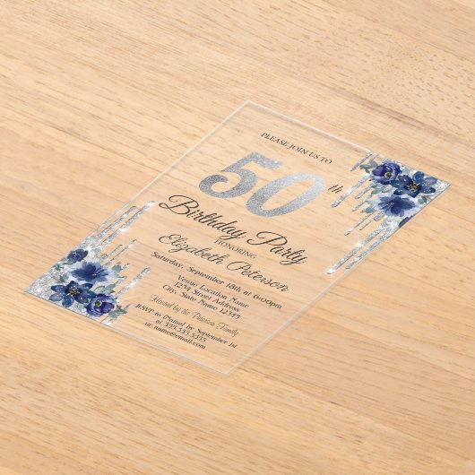 Blauwe Bloemen Zilveren Glitter Drips 50ste Verjaa Acryl Uitnodigingen (Laagn)