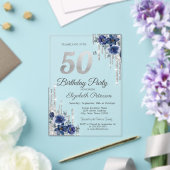 Blauwe Bloemen Zilveren Glitter Drips 50ste Verjaa Acryl Uitnodigingen (Insitu (Huwelijk))
