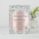 Blauwe Bloemen Zilveren Glitter Drips Pensioen Kaart (Staand voorkant)