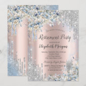 Blauwe Bloemen Zilveren Glitter Drips Pensioen Kaart (Voorkant / Achterkant)