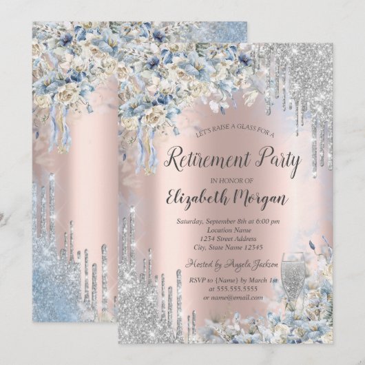 Blauwe Bloemen Zilveren Glitter Drips Pensioen Kaart (Voorkant / Achterkant)