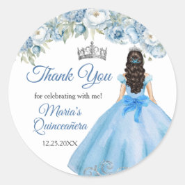 Blauwe Bloemen Zilveren Kroon Quinceañera Dank u Ronde Sticker