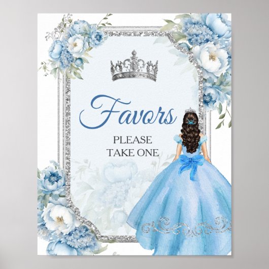 Blauwe Bloemen Zilveren Kroon Quinceañera Favors Poster (Voorkant)