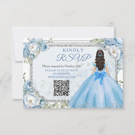Blauwe Bloemen Zilveren Kroon Quinceañera QR RSVP Bedankkaart (Voorkant)