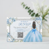 Blauwe Bloemen Zilveren Kroon Quinceañera QR RSVP Bedankkaart (Staand voorkant)
