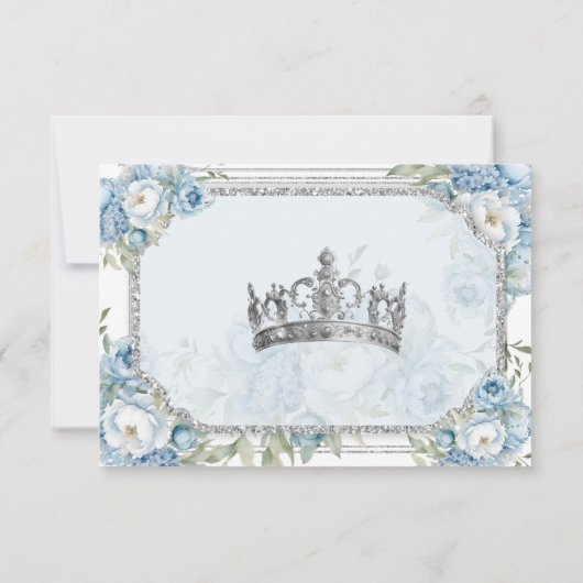 Blauwe Bloemen Zilveren Kroon Quinceañera QR RSVP Bedankkaart (Achterkant)