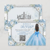 Blauwe Bloemen Zilveren Kroon Quinceañera QR RSVP Bedankkaart (Voorkant / Achterkant)