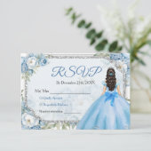 Blauwe bloemen Zilveren kroon Quinceañera RSVP Bedankkaart (Staand voorkant)