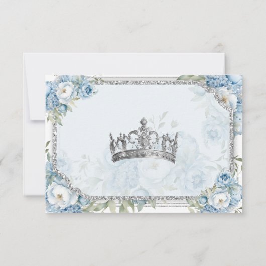 Blauwe bloemen Zilveren kroon Quinceañera RSVP Bedankkaart (Achterkant)