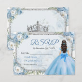 Blauwe bloemen Zilveren kroon Quinceañera RSVP Bedankkaart (Voorkant / Achterkant)