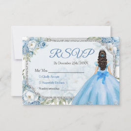 Blauwe bloemen Zilveren kroon Quinceañera RSVP Bedankkaart