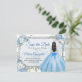 Blauwe Bloemen Zilveren Kroon Quinceañera Save the Bedankkaart (Staand voorkant)