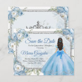 Blauwe Bloemen Zilveren Kroon Quinceañera Save the Bedankkaart (Voorkant / Achterkant)