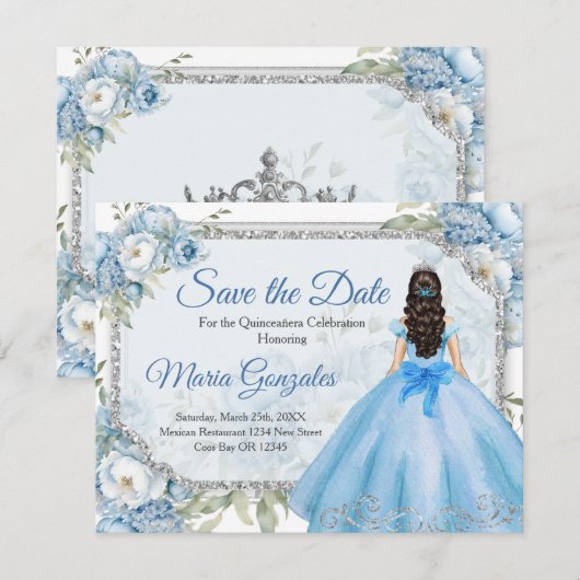 Blauwe Bloemen Zilveren Kroon Quinceañera Save the Bedankkaart (Voorkant / Achterkant)