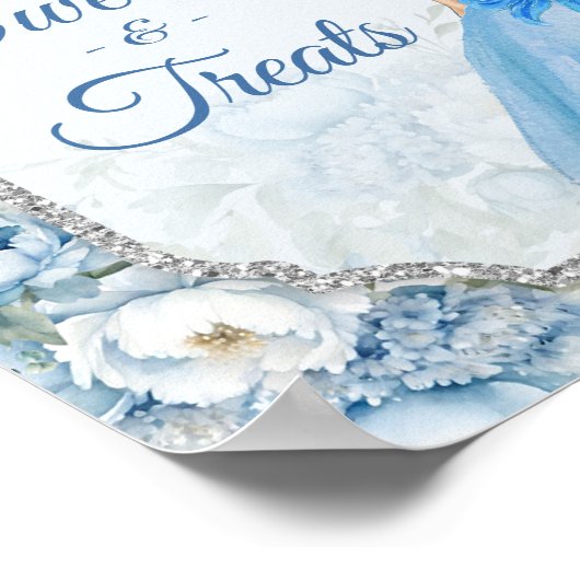 Blauwe Bloemen Zilveren Kroon Quinceañera Snoepjes Poster (Hoek)