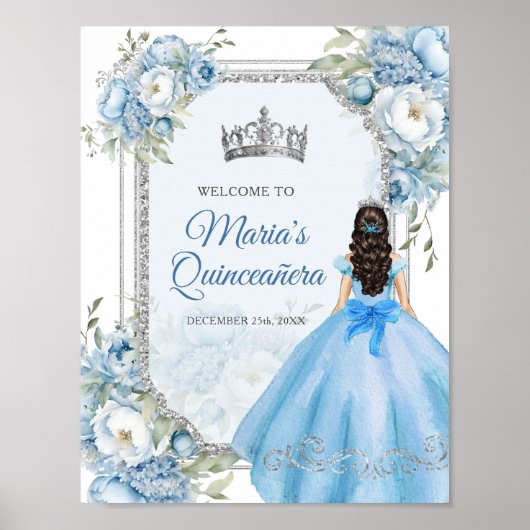 Blauwe Bloemen Zilveren Kroon Quinceañera Welkom Poster (Voorkant)