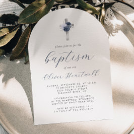 Blauwe Bloemen Zilveren Kruis Boog Jongens Doop Kaart