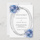 Blauwe bloemen zilveren lijst bruiloft kaart (Voorkant)