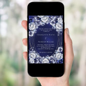 Blauwe bloemen zilveren lijst bruiloft kaart