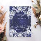 Blauwe bloemen zilveren lijst bruiloft kaart