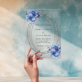 Blauwe bloemen zilveren lijst heldere trouw acryl uitnodigingen