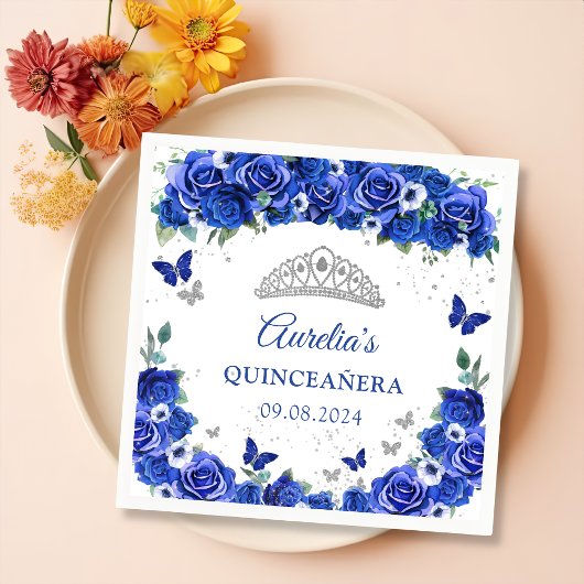Blauwe Bloemen Zilveren Vlinders Quinceanera serve Servet