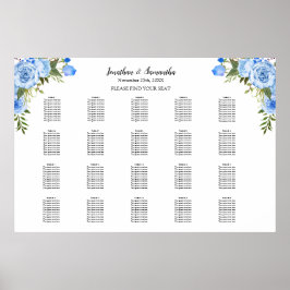 Blauwe Bloemen Zitplaatsenkaart 20 Tafels Trouwen Poster