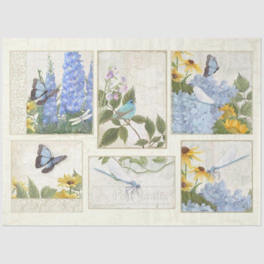 Blauwe bloemen Zonnebloemen Dragonfly Craft Decout Tissuepapier (Voorkant)