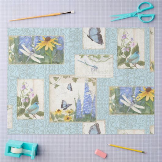 Blauwe bloemen Zonnebloemen Dragonfly Garden Decou Tissuepapier (Craft)