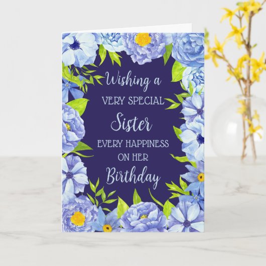 Blauwe bloemen zuster verjaardag kaart (Gele Bloem)