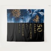 Blauwe Bloemen Zwart Goud 50e Jubileum Achtergrond Wandkleed (Voorkant (horizontaal))