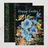 Blauwe Bloemen Zwart Pasen met Vogels Feestdagenkaart (Voorkant / Achterkant)