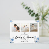 Blauwe bloemen Zwart Script Fotostrip Trouwen Briefkaart (Staand voorkant)