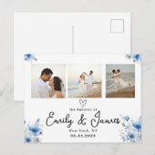 Blauwe bloemen Zwart Script Fotostrip Trouwen Briefkaart (Voorkant / Achterkant)