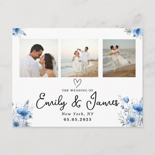 Blauwe bloemen Zwart Script Fotostrip Trouwen Briefkaart (Voorkant)