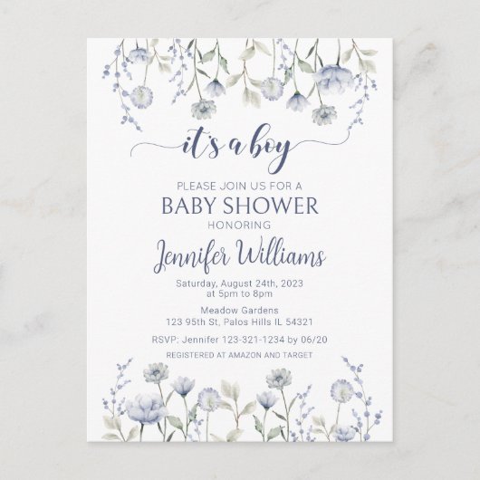 Blauwe bloemenbabyboy shower Uitnodiging Briefkaar (Voorkant)