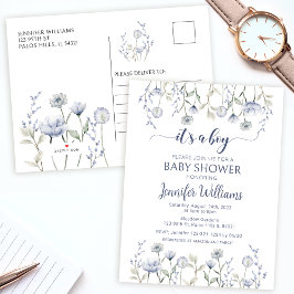 Blauwe bloemenbabyboy shower Uitnodiging Briefkaar Briefkaart